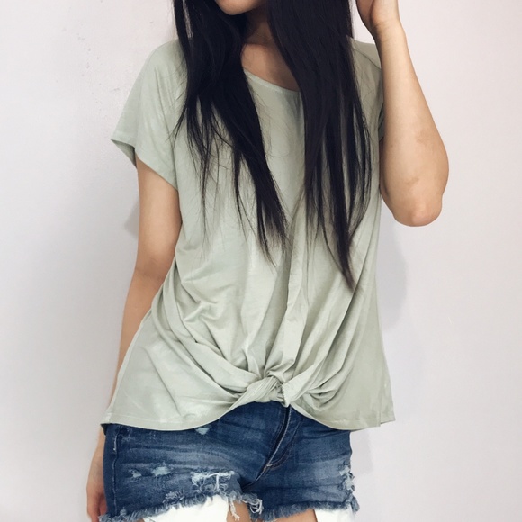 Tops - Freya - Pastel Sage Green Knot-Front Top